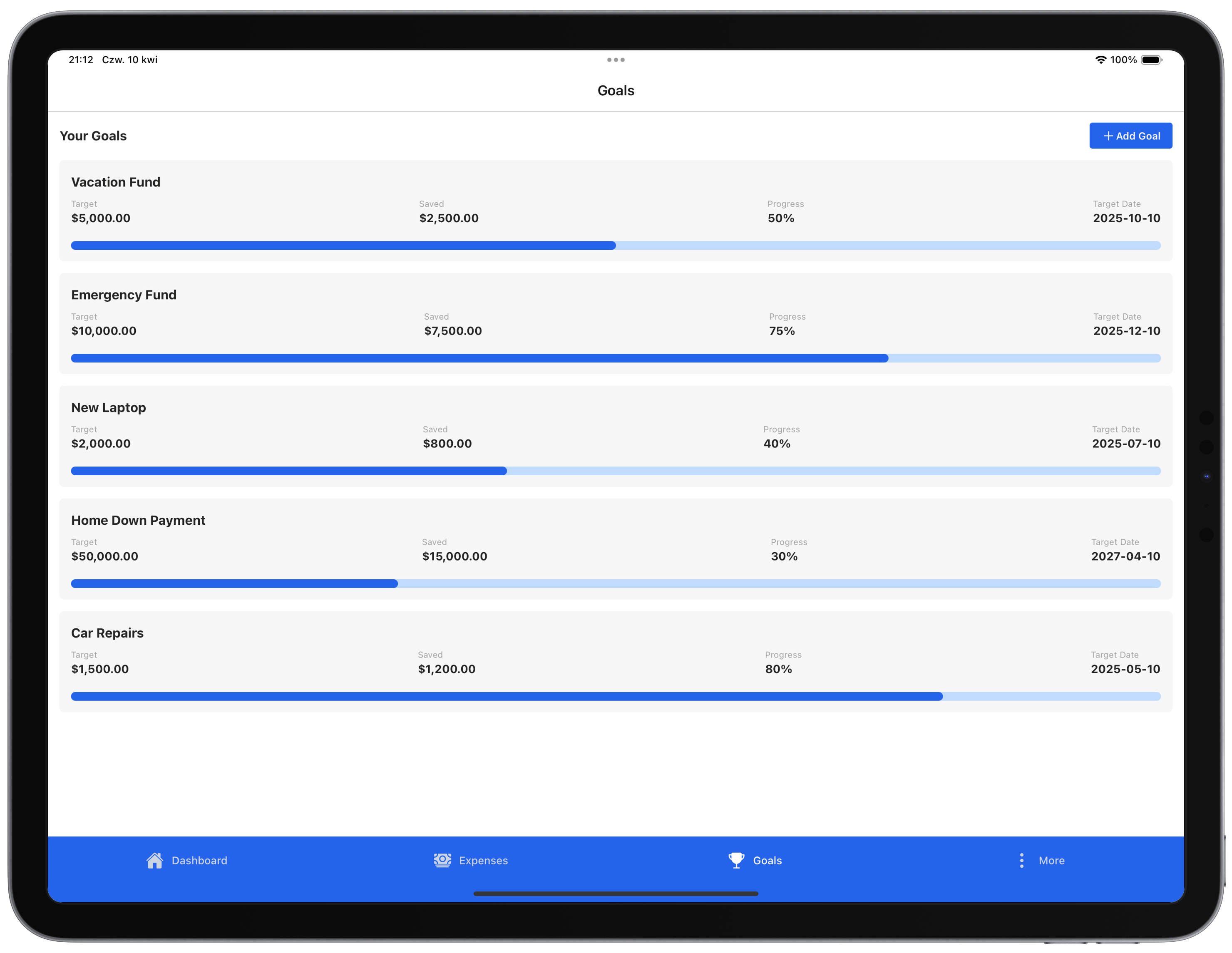 NorthBudget app preview goals page
