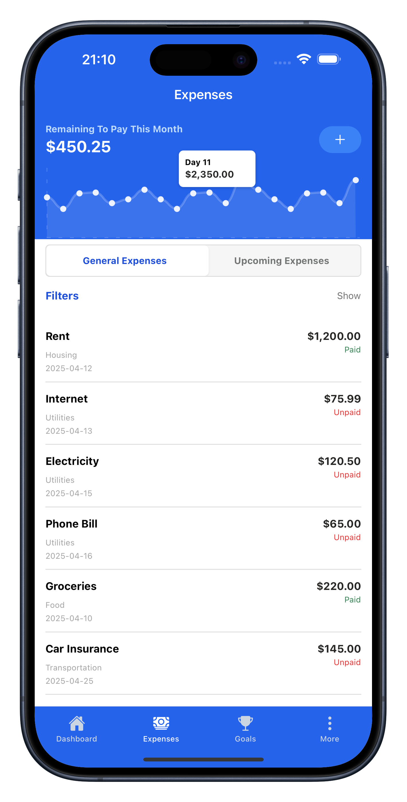 NorthBudget app preview expenses page